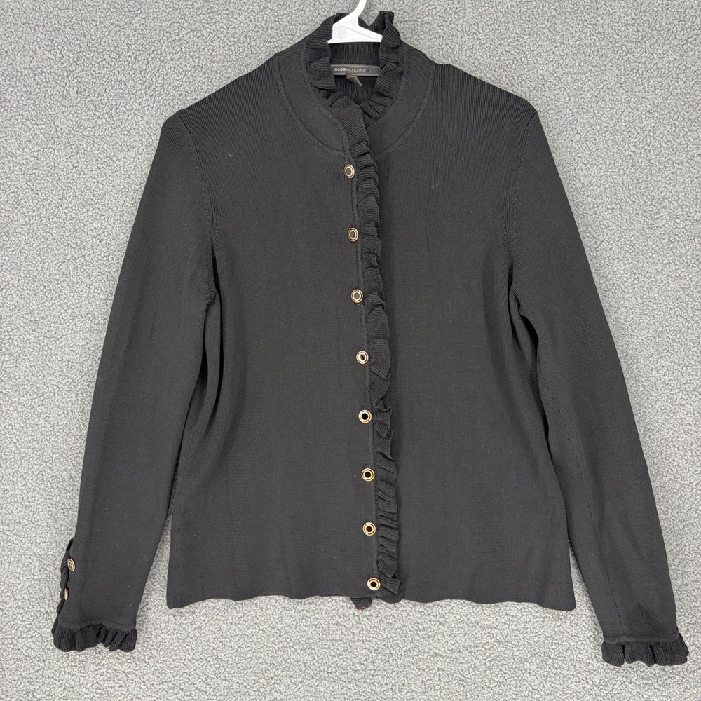 BCBGMAXAZRIA Black Ribbed Ruffle Button Front Cardigan Sweater XL